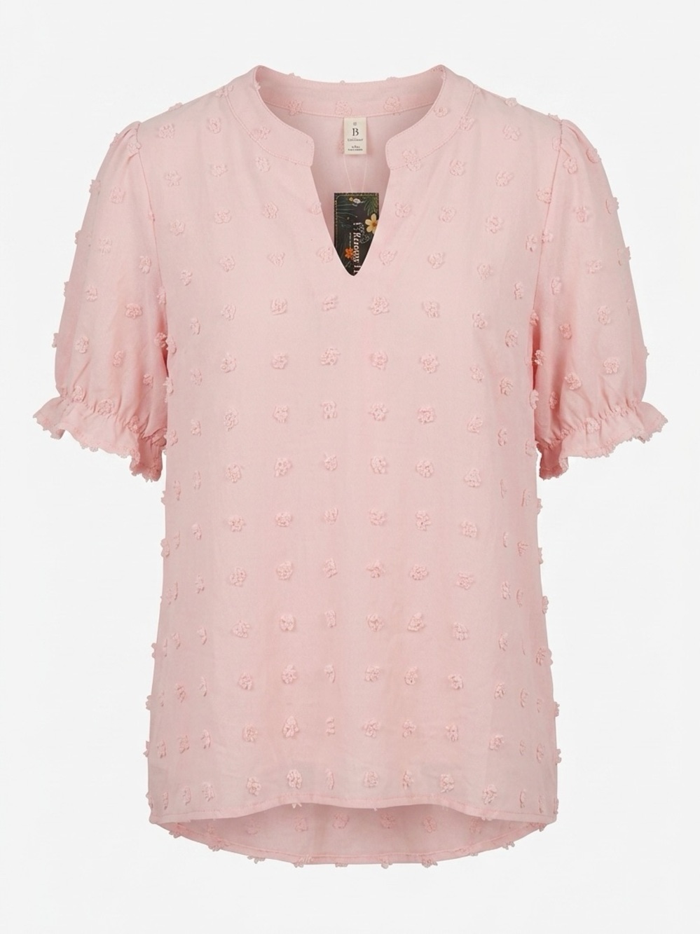 Light Pink Textured V-Neck Puff Sleeve Blouse